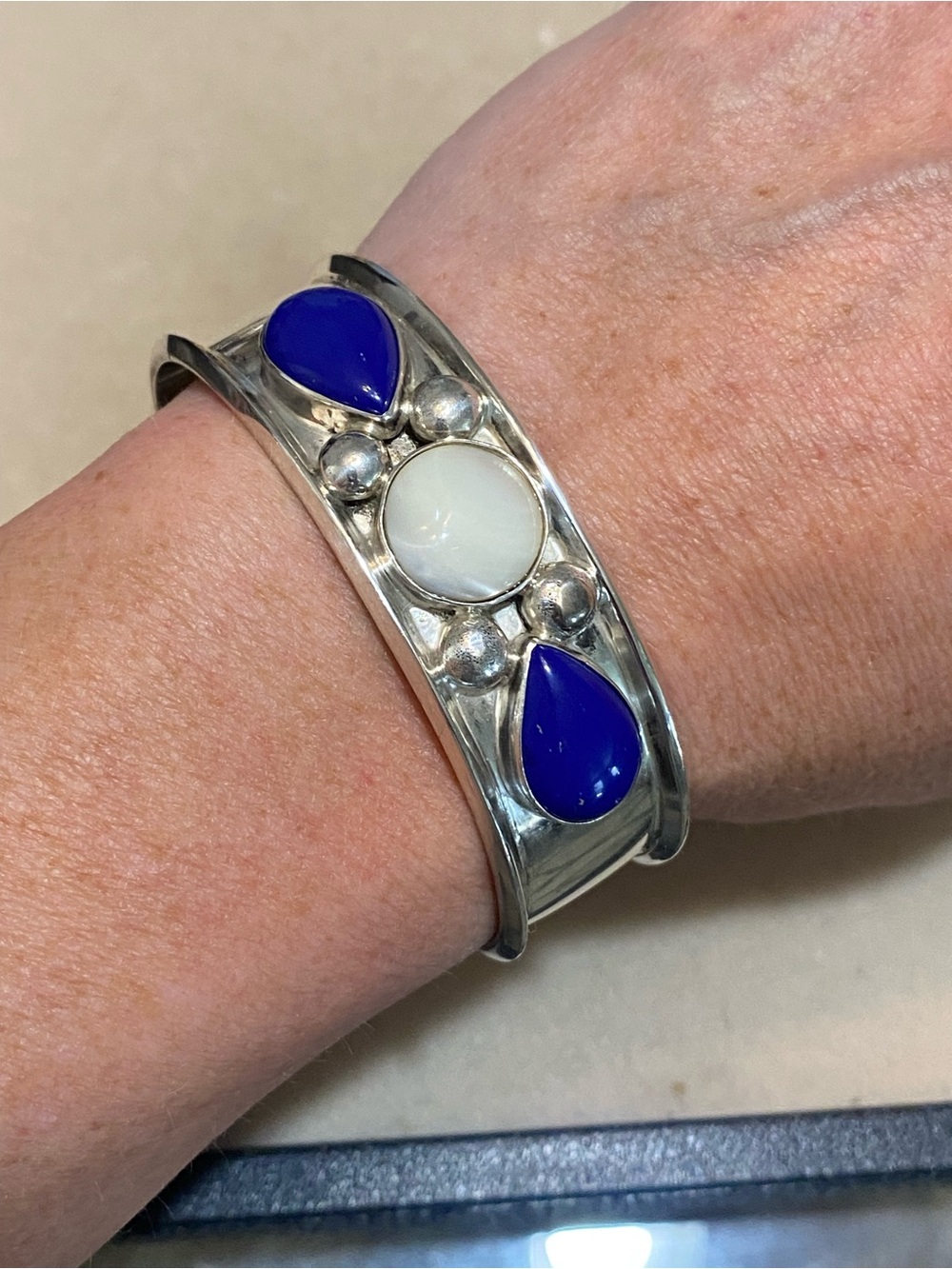 Sterling Silver Blue Lapis Mother of Pearl Cuff Bracelet 925
